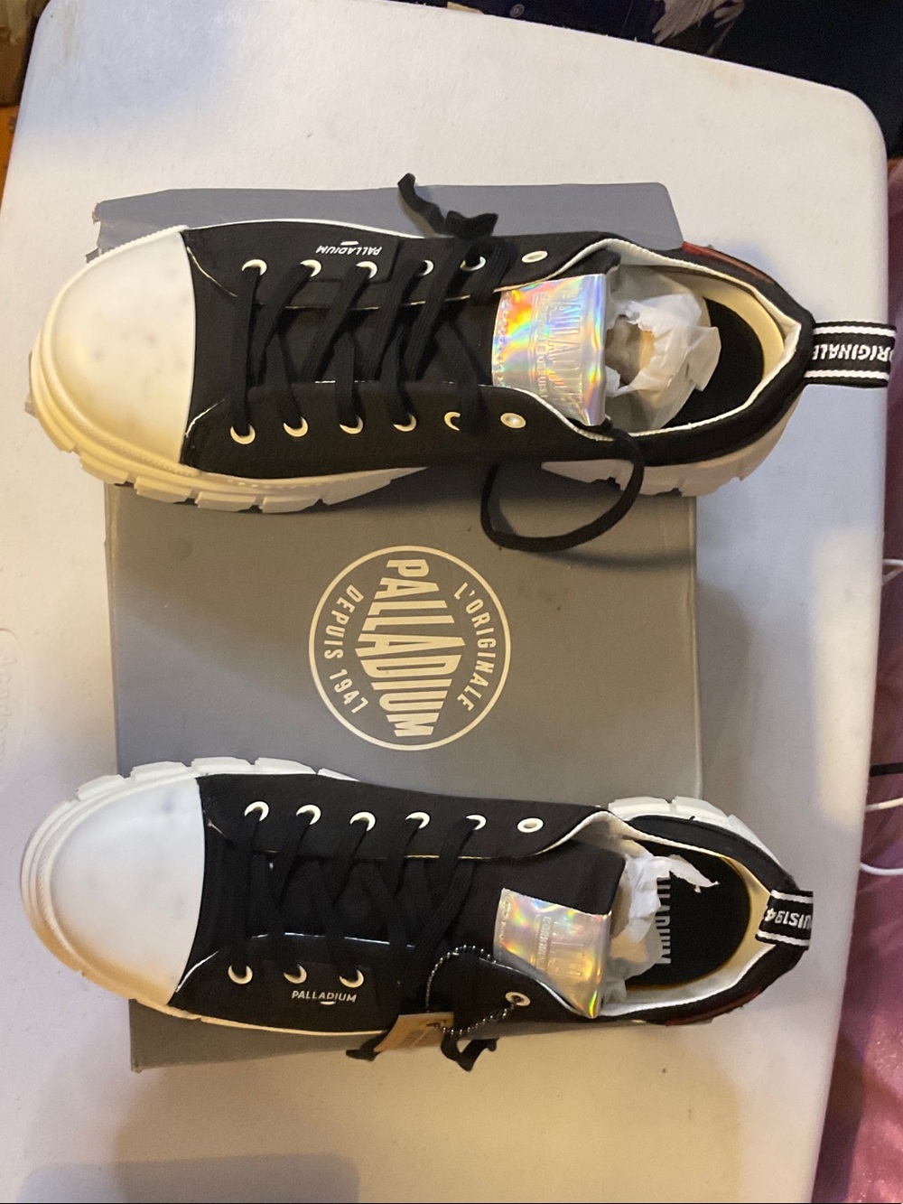 Shoes 4 - Palladium Black and White Low-Top Sneakers with Holographic Tongue